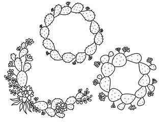 Cactus Floral Frame. Set Hand drawn outline cactus with flowers. Vector color set cacti, aloe and succulent Collection of exotic plants hand drawn black illustration isolated on white
