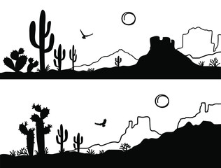 Desert landscape with Cactuses. Arizona desert mountains silhouette Vector nature horizontal background