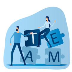 People connecting puzzle elements. The concept of teamwork and partnership.Flat vector illustration.