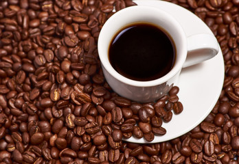 Cup with coffee beans in bulk coffee