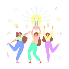 A fun illustration of three girls who came up with the idea. An illustration of creative girls celebrating the abstract result of brainstorming. The concept of the imagination. Flat vector