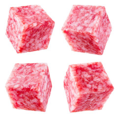 Salami isolated. Salami sausage cube on white. Salami slice. Set.  White background. Full depth of field. Clipping path.