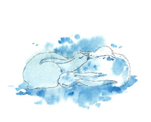 Watercolor blue winter family of fluffy hares sleep. rabbit is basking in the caring embrace of his parents.  Greeting card for congratulating mom, dad, grandmother, Merry Christmas and Happy New Year