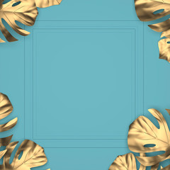 mockup of blue wall frame with golden tropical leaves in the borders, 3d illustration
