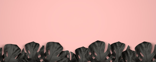A row of black tropical leaves forming an edge on the bottom of a pink background, mockup for composition, 3d illustration