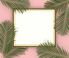 mockup of golden frame with blank copy space in a pink background with green tropical leaves in the borders, 3d illustration
