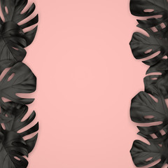 black tropical leaves forming edges on the sides of a pink background, mockup for composition, 3d illustration
