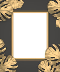 mockup of golden frame with blank copy space in a black wall background with golden tropical leaves in the borders, 3d illustration