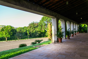 The huge balcony or terrace on the façade of the São Bento Monastery, a public place in Brasilia, a Catholic temple and masses with Gregorian chant, a place for meditation and worship