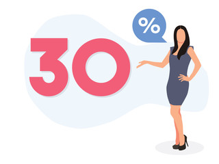 Businesswoman and discount offer. 30 percent discount. Discount offer price concept. Advertising illustration with pretty businesswoman.