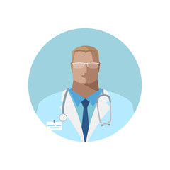 Vector medical doctor icon. Image of a male doctor with a stethoscope in a white medical gown. Color isolated Illustration, avatar in flat style in circle