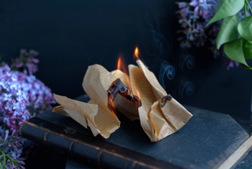 the book is burning with flames on a dark background with lilac flowers