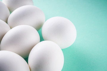 white chicken eggs on green pastel background