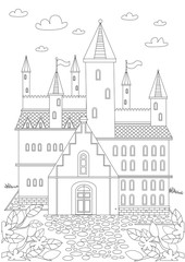 Coloring page with castle and towers for adults, outline vector stock illustration with a page house for printing in a coloring book for anti stress therapy