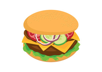 Fresh meat hamburger with vegetables icon vector. Hamburger icon isolated on a white background. Big burger cartoon. Big tasty hamburger with vegetables vector