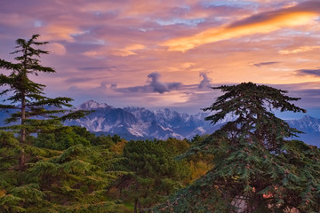 Panorama at sunset from Montemarcello towards the Apuan Alps Carrara Italy