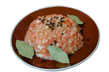 minced meat on a plate, home cooking, family cook, isolate on a white background.