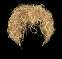 Curly blonde hair wig isolated on black background
