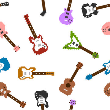 Pixel guitar seamless pattern background.Vector illustration of colorful guitar seamless pattern with pixel design.