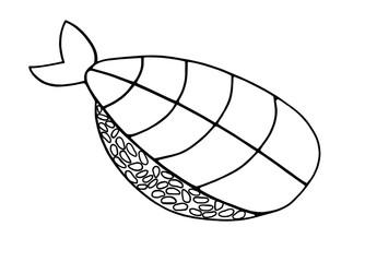 Shrimp nigiri (ebi sushi with rice and shrimp) isolated on white background. Black and white food illustration. Hand drawing coloring book for children and adults. One of a series of painted pictures.