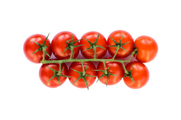 cherry tomatoes on a branch on a white background. red vegetables. vegetarian product. view from above.