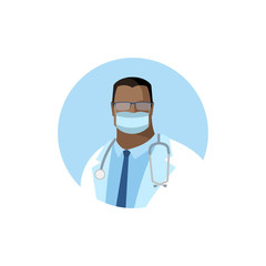 Vector doctor icon. Image of a male doctor with a stethoscope in a white medical gown and a protective mask. Color isolated illustration, avatar in a flat style in a circle