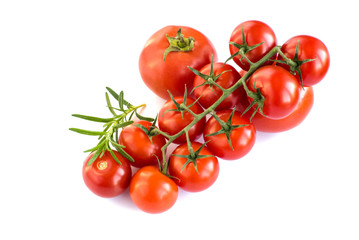 cherry tomatoes on a branch on a white background. red vegetables. vegetarian product. view from above.