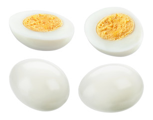 Boiled egg isolate. Chicken boiled egg. Whole egg and half with yolk on white. Clipping path.