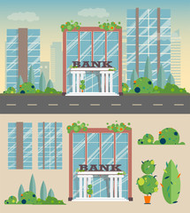 Bank building, shrubs and trees in a flat style