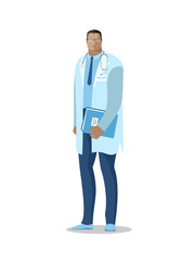 Doctor man. Vector image of a full-length doctor with a stethoscope in a white coat. Color isolated illustration, avatar in a flat style