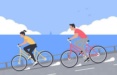 Fototapeta premium Bicycle walk. Outdoor sports, tourism. Happy couple rides bicycles on the background of the sea and clouds on the horizon. Vector illustration