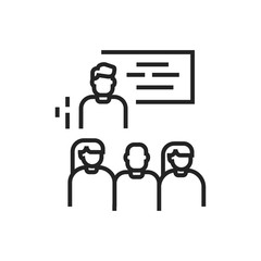 Workshop black line icon. Tutor, educator, teacher. Group training. Pictogram for web page, mobile app. UI UX GUI design element. Editable stroke.