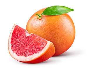 Grapefruit isolated. Pink grapefruit with leaf. Whole grapefruit with slice on white. Grapefruit...