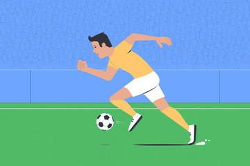 Football player dribbles. Football match at the stadium. Vector illustration