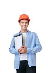 Builder in hardhat, man smiling and holding a notepad, isolated background, vertical