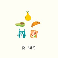 Be Happy. Hand drawn doodle pre made logo in cartoon style and flat design.