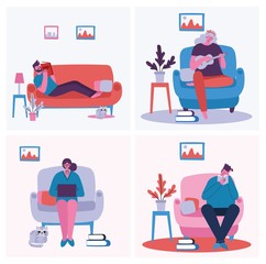 Stay and work at home. People staying at home for prevent virus Covid19 in the flat style