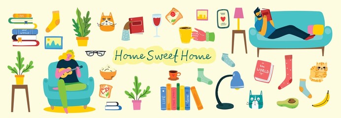 Big set of books and reading accessories, man and girl reading books indoor in cozy room. Coffee, glasses, home plant and hands holding book. Set of decorative vector design elements.