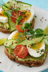 Healthy Breakfast with Wholemeal Bread Toast and Egg with Green Salad, Avocado and Peas.