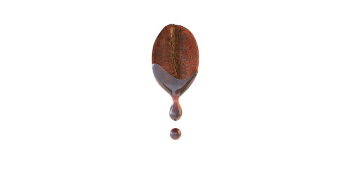 Coffee beans condense into liquid droplets. 3D illustration.