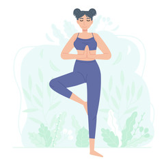 Sporty girl character practice sport such as fitness, yoga or pilates. Womab standing tree pose vrikshasana on abstract background with flowers. Stock vector illustration isolated on white background