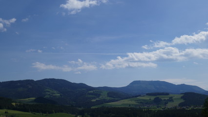 Beautiful landscape, mountains, fields and forest in Austria.