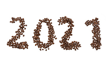 2021 laid out from coffee beans on a white background. christmas coffee house concept
