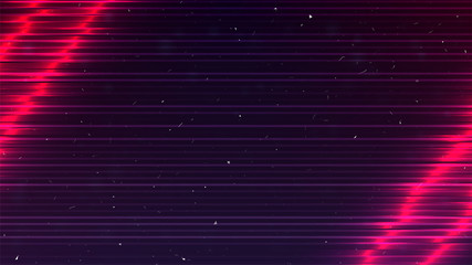 Retrowave or cyberpunk neon background. Inclined pink or red light. Neon glitch. Dark backdrop. Retro futuristic design template. Old TV effect. Copy space. Stock vector illustration