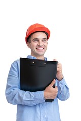 Happy builder in hardhat, man smiling and holding a notepad, takes notes, isolated background, vertical