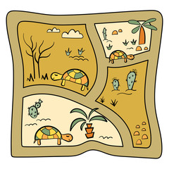 Roads with turtles, palm trees, cacti in Doodle style . A poster for children or a play surface, a maze . Hand drawn Vector illustration