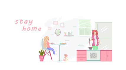 Mother and kid cooking in the kitchen room with pet, learning and development at home, people leisure activities skill in quarantine, family cartoon character flat design vector illustration