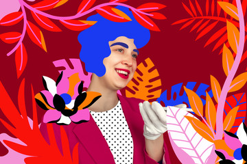 Portrait of a young woman with freaky appearance, look and bright colorful painted design. Retro and magazine style, modern vision of females beauty and fashion, artwork. Copyspace. Amazing.