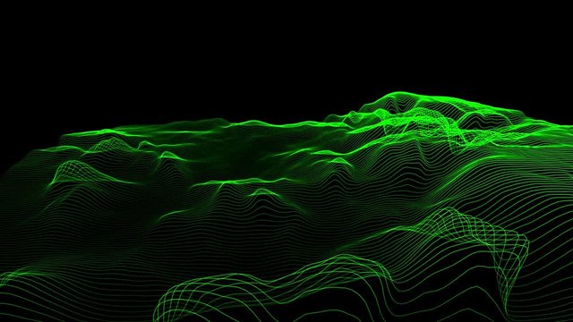 Modern design elements. Green abstract waves landscape rendering, 3D modulation. Modern geometric background with moving digital lines. Colorful futuristic animation. Creative graphic texture for busi