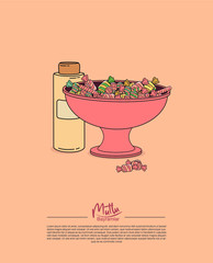 a pink bowl with colorful candies and a bottle of eau de cologne which are the main offerings to the guests during ramadan feast and feast of sacrifice and a text saying ' have a happy feast'